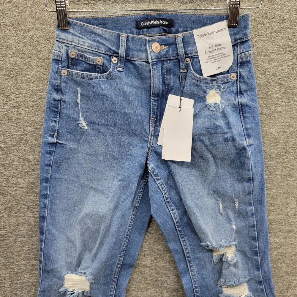 Calvin Klein Jeans Women's 24P Blue Distressed High Rise Straight Leg NWT - Picture 2 of 12